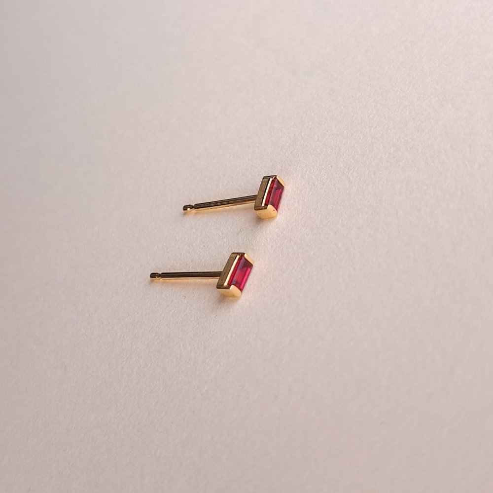 Ruby Baguette Stud Earrings In Solid 14k Yellow G… - image 5